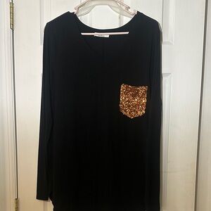 Zenana Outfitters Black Long Sleeve with Sparkling Gold Pocket